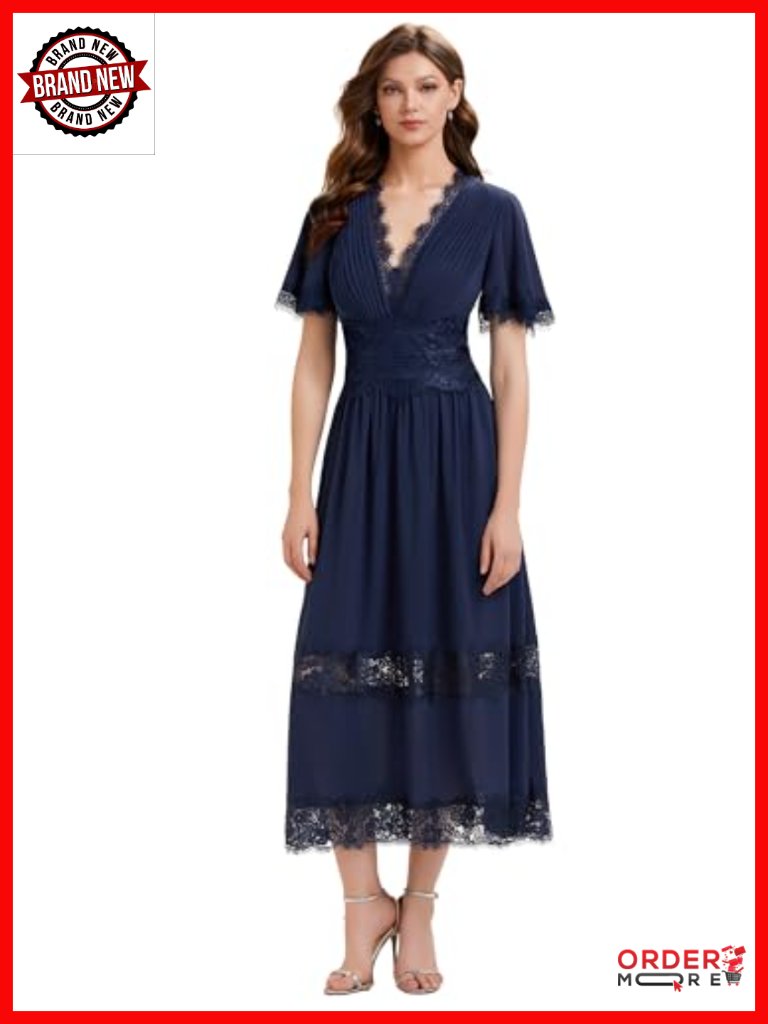 V-Neck Lace Trim Short Sleeve Chiffon Midi Swing Dress